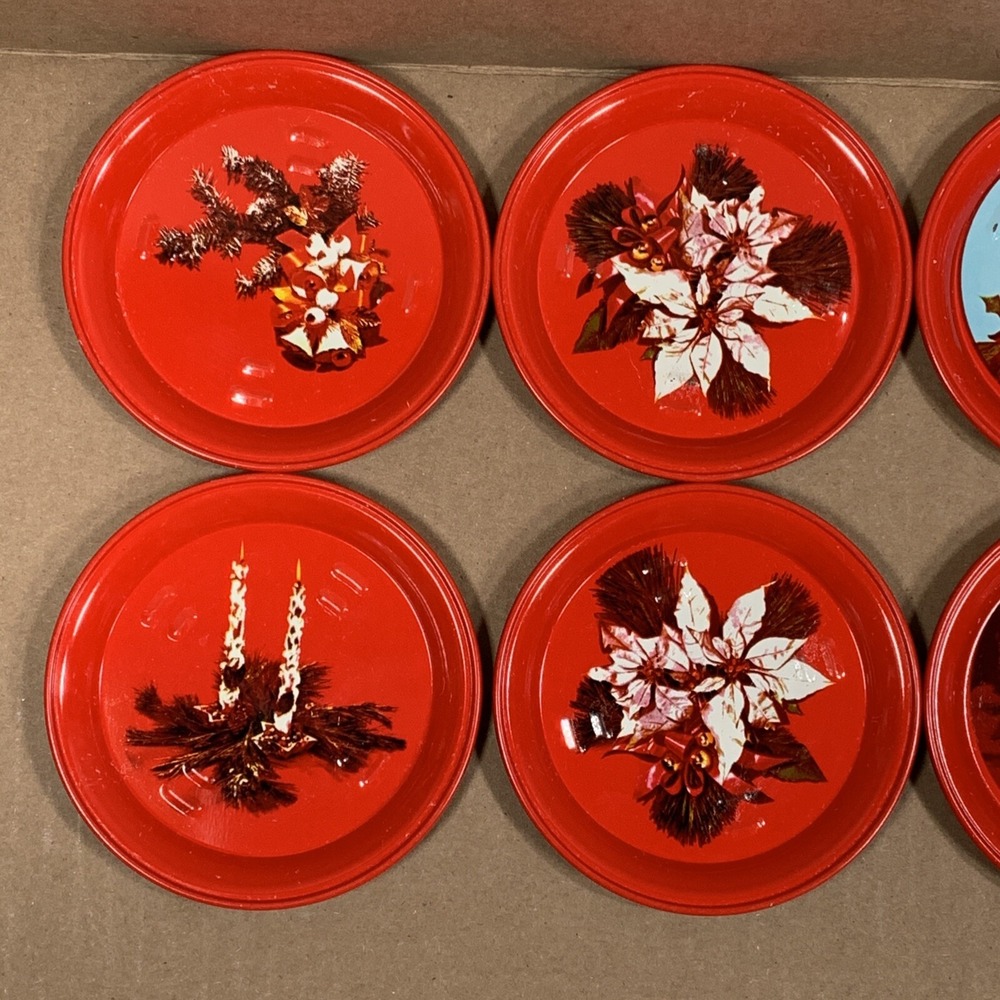 Vintage Christmas Coasters Set of 8 Red Holiday Poinsettia Candle Decor 1970s - Picture 2 of 11